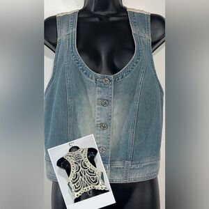 Free People Denim Lace Embroidered Back Boho Button Front Size Medium